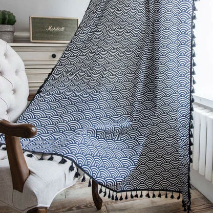 Navy Blue Textured Semi Blockout Curtain with Tassel Trim