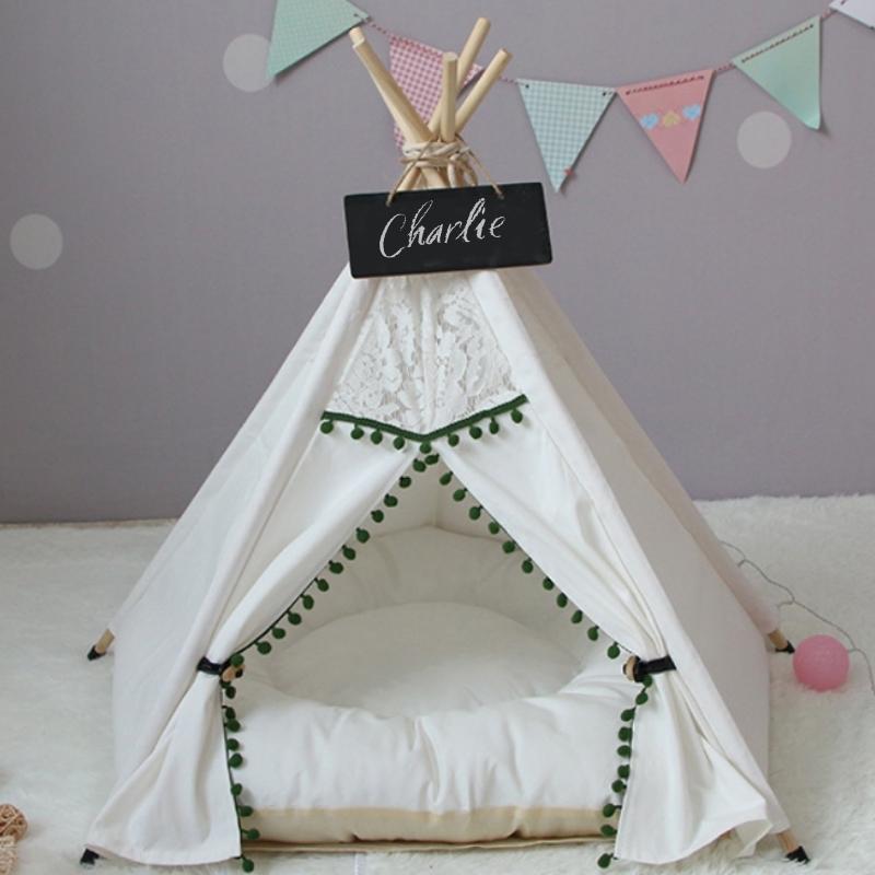 Cozy Pet Teepee in Green and White with Pillow