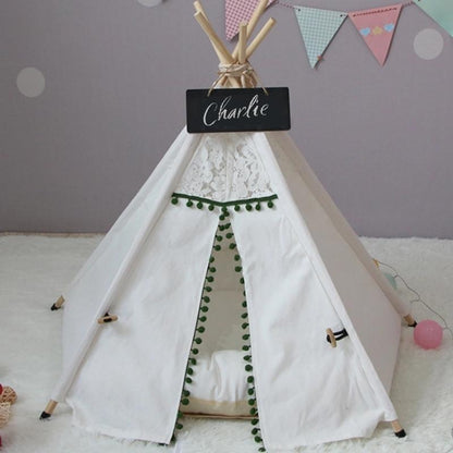 Cozy Pet Teepee in Green and White with Pillow