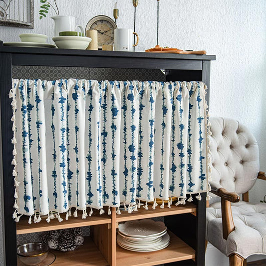 Navy Blue Tassel Door Curtain in Natural Cotton Fabric - Lusomart