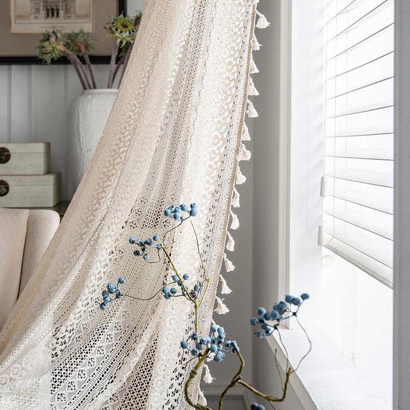 Sheer Off-White Window Tassel Curtain Panels