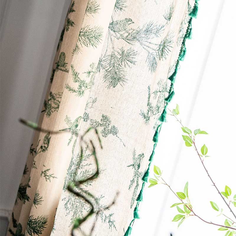 Natural Leaf Print Boho Tassel Curtain Cotton Drapes