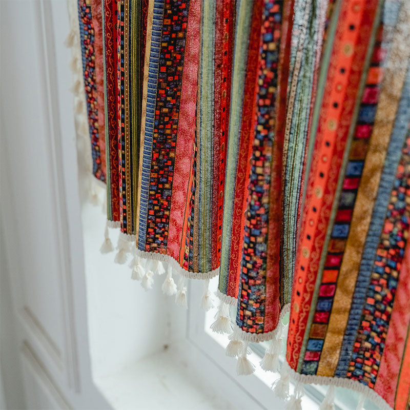 Vibrant Checkered Tassel Layered Curtain in Natural Fabric