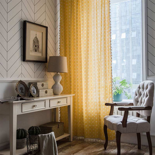 Bright Checked Sheer Drapes with Fringe - Lusomart
