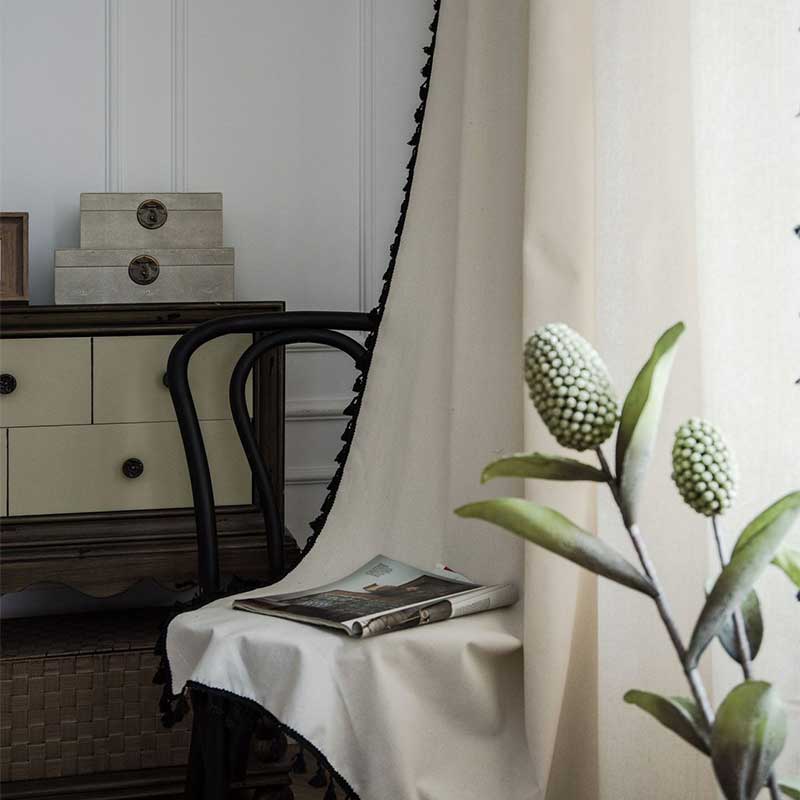 Natural Textured Beige Drapes with Black Trim
