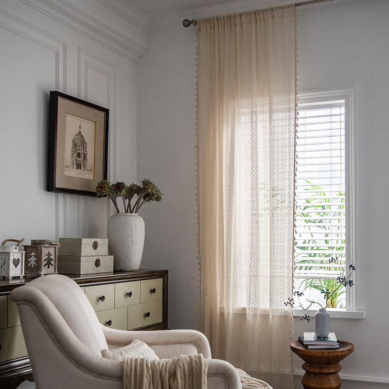 Sheer Off-White Window Tassel Curtain Panels