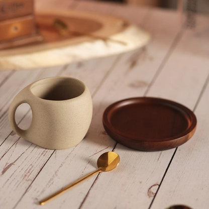 Traditional Asian Style Ceramic Coffee Mug Set With Wood Saucer