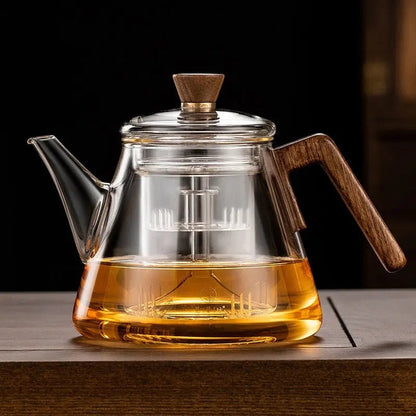 Clear glass teapot with wooden handle - Aetheris heat-resistant borosilicate tea infuser 30oz capacity