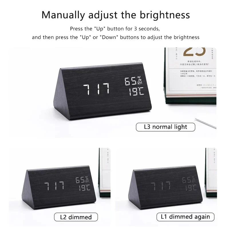 Digital Wood Alarm Clock with Temperature Display