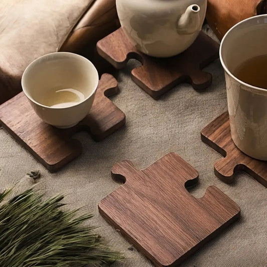 Wooden Brown Interlocking Coasters Set - Lusomart