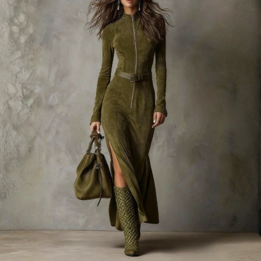 Luxury Suede Maxi Dress for Women with Zip Front - Lusomart