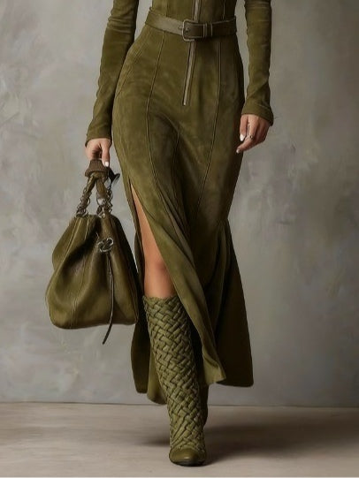 Alessia | Women's Long Suede Dress with Front Zip & Waist Belt – Elegant Fit for Any Occasion 2