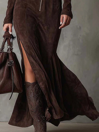 Alessia | Women's Long Suede Dress with Front Zip & Waist Belt – Elegant Fit for Any Occasion 4