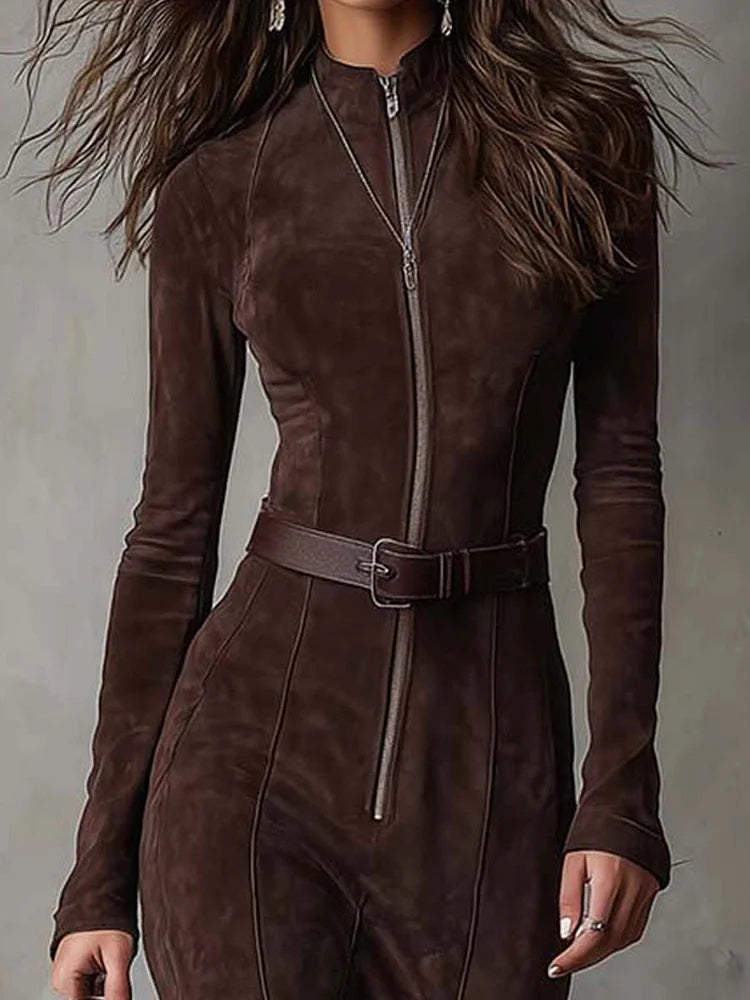 Alessia | Women's Long Suede Dress with Front Zip & Waist Belt – Elegant Fit for Any Occasion 5
