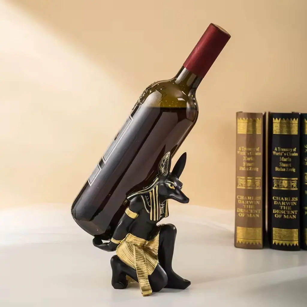 Anubis wine holder statue showing intricate details and sleek black finish perfect for home bar decor