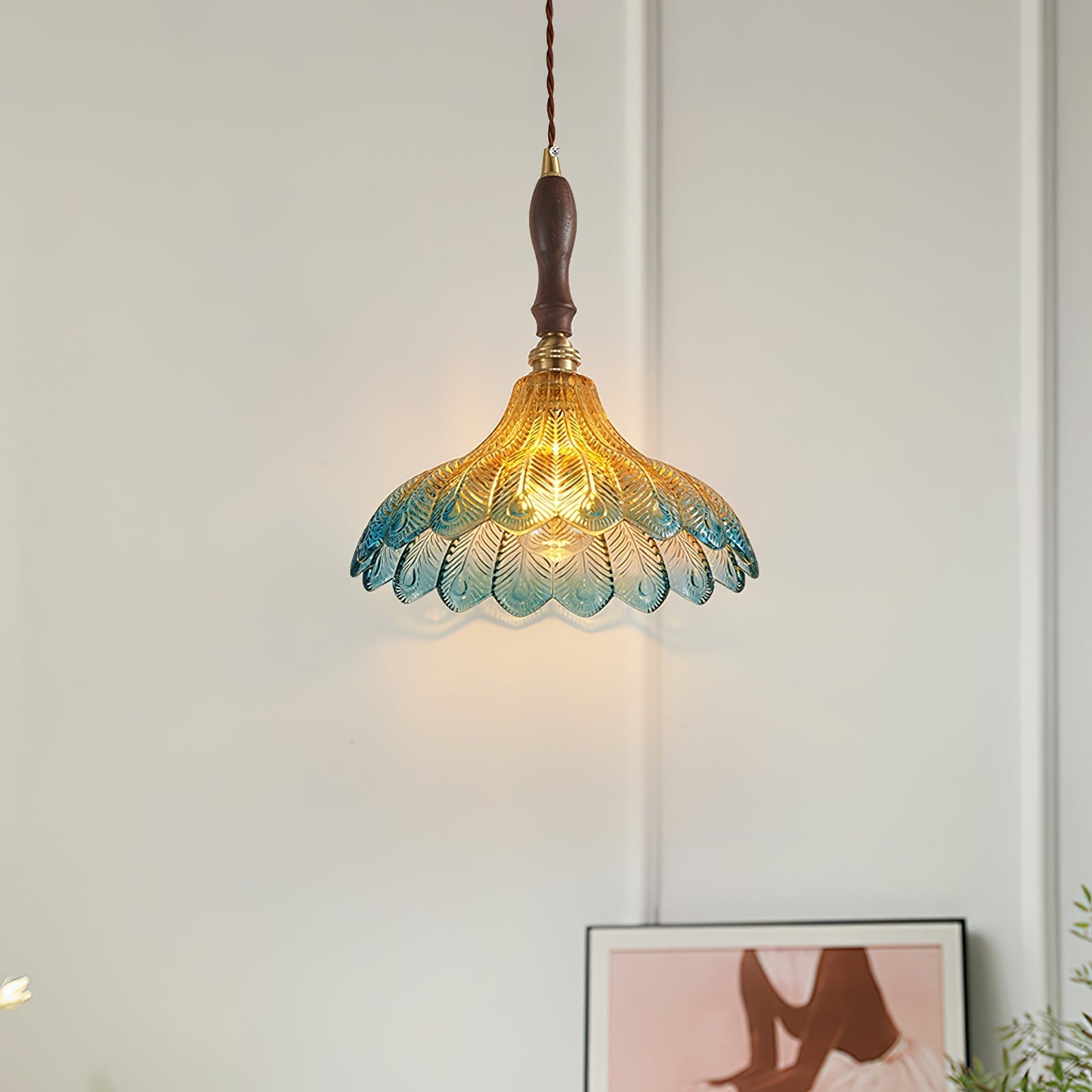AzureGlow | Elegant Vintage Glass Brass Pendant Light Fixture 3