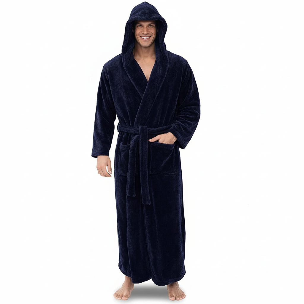 Cozy Mens Fleece Hooded Robe Soft Winter Loungewear