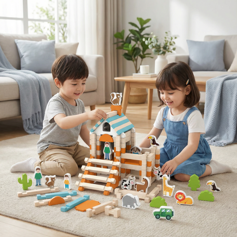 Educational Wooden Construction Blocks Set for Kids - Lusomart