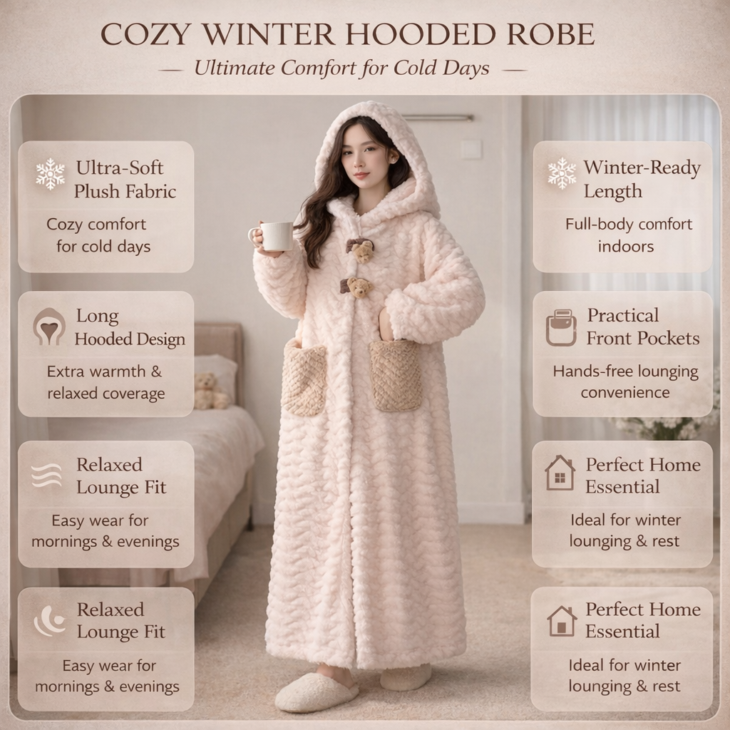 Soft Plush Hooded Bathrobe for Women Long Sleeve Winter Robe