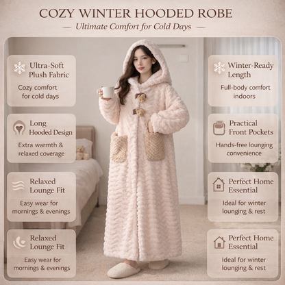 Soft Plush Hooded Bathrobe for Women Long Sleeve Winter Robe