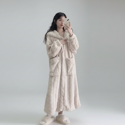 Soft Plush Hooded Bathrobe for Women Long Sleeve Winter Robe