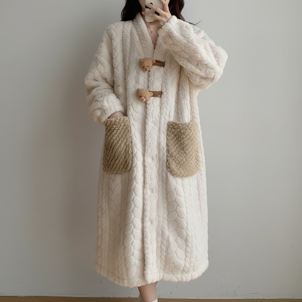 Soft Plush Hooded Bathrobe for Women Long Sleeve Winter Robe