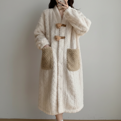 Soft Plush Hooded Bathrobe for Women Long Sleeve Winter Robe