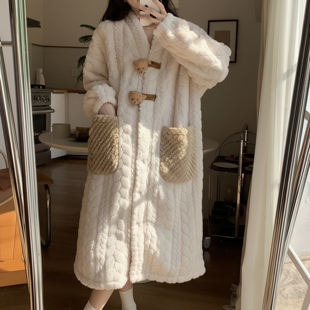 Soft Plush Hooded Bathrobe for Women Long Sleeve Winter Robe