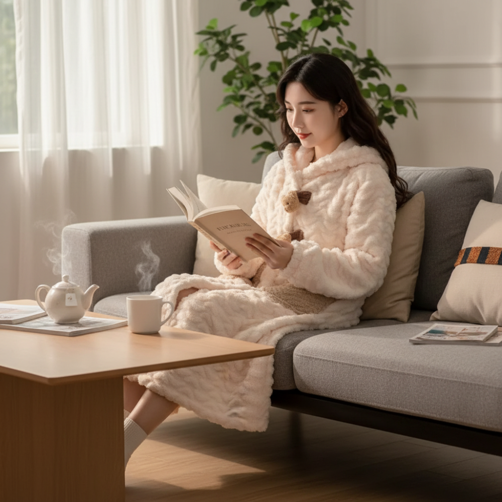 Soft Plush Hooded Bathrobe for Women Long Sleeve Winter Robe