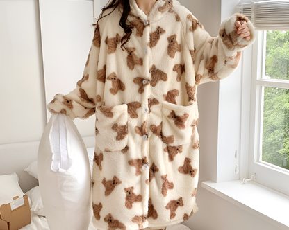 Soft Plush Hooded Bathrobe for Women Long Sleeve Winter Robe