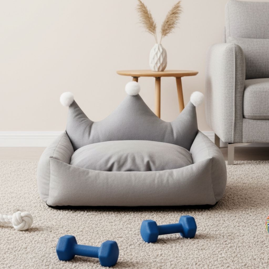 Small dog bed with crown design and scratch resistant material
