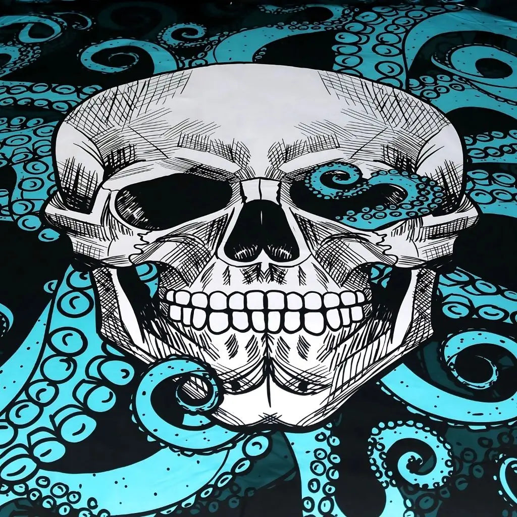 Fade-resistant skull quilt bedding with deep pocket fitted sheet, crafted from breathable polyester microfiber