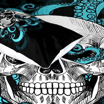Wrinkle-resistant polyester skull bedding showcasing soft microfiber texture and gothic design details
