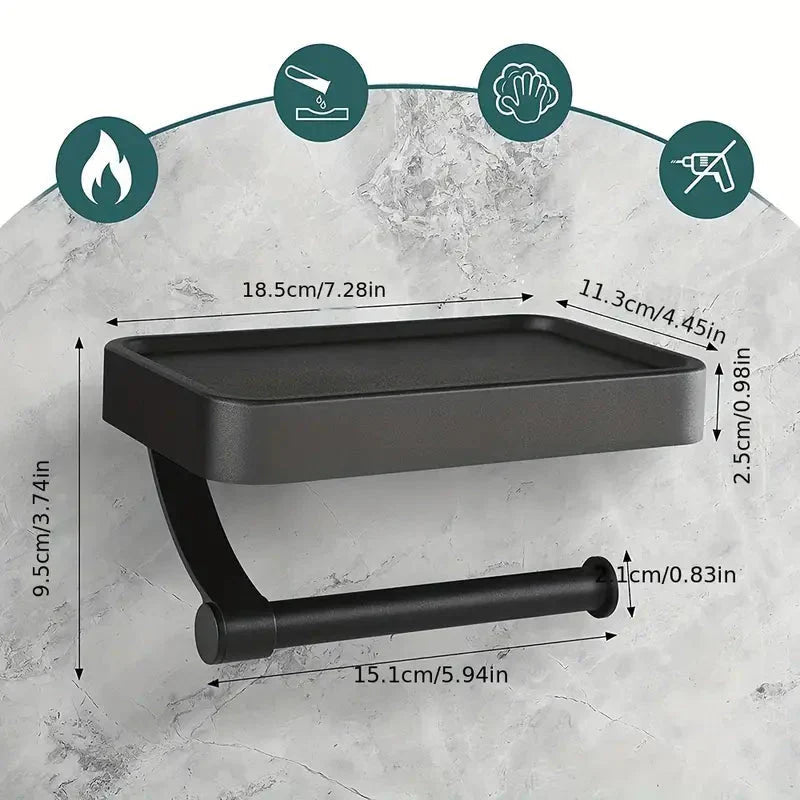 Black Metal Toilet Roll Holder with Built-in Shelf 2
