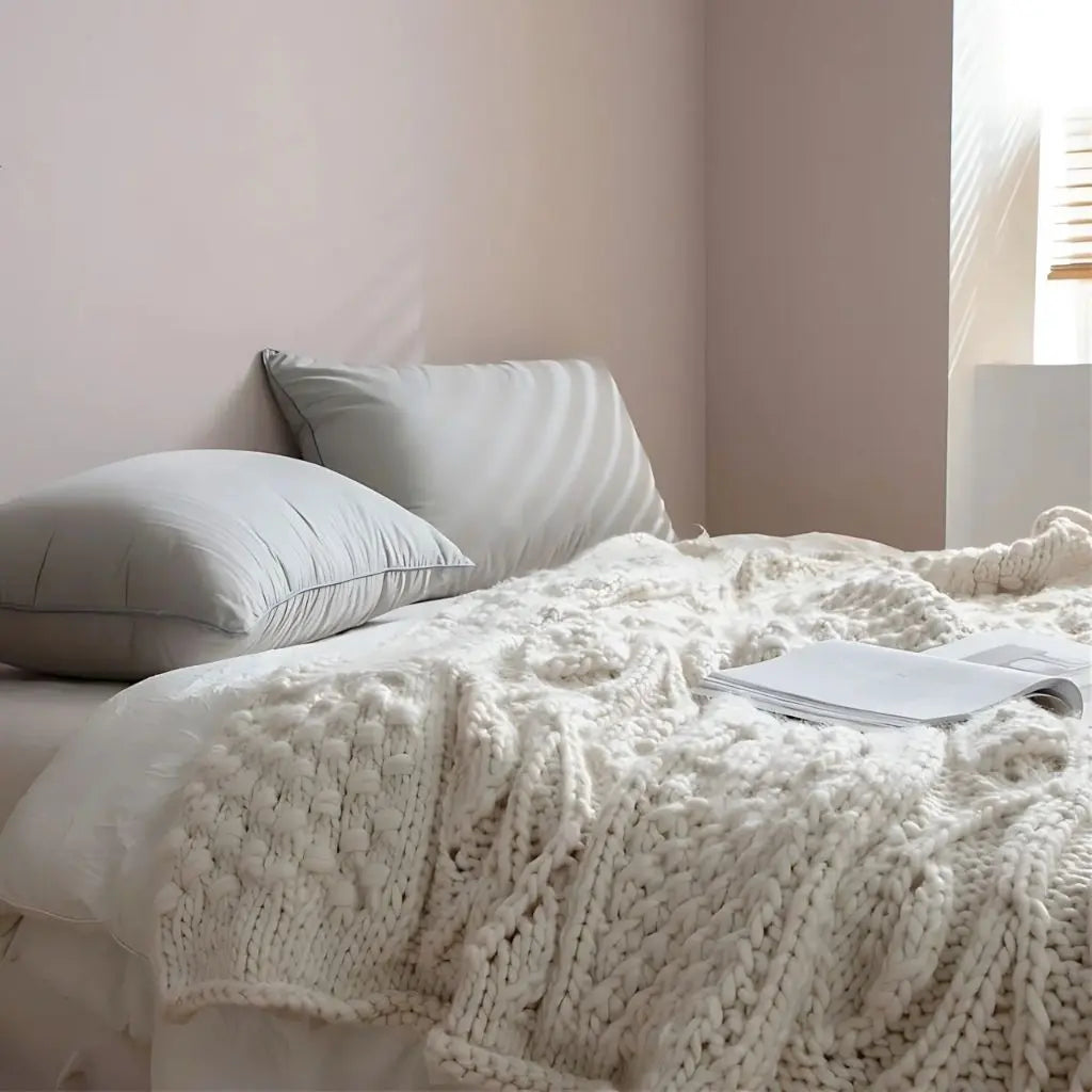 Decorative handwoven wool accent blanket with detailed pattern ideal for bedroom and interior styling