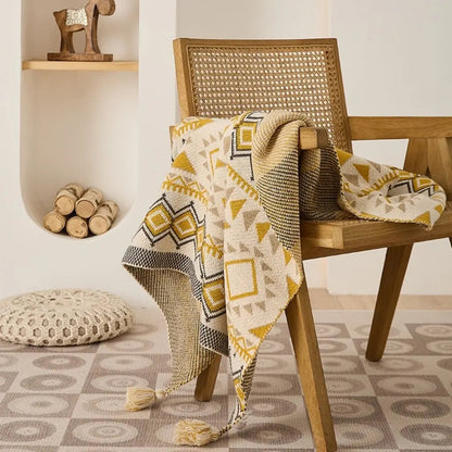 Chenille geometric pattern throw blanket with tassel edges soft acrylic material for sofa bed