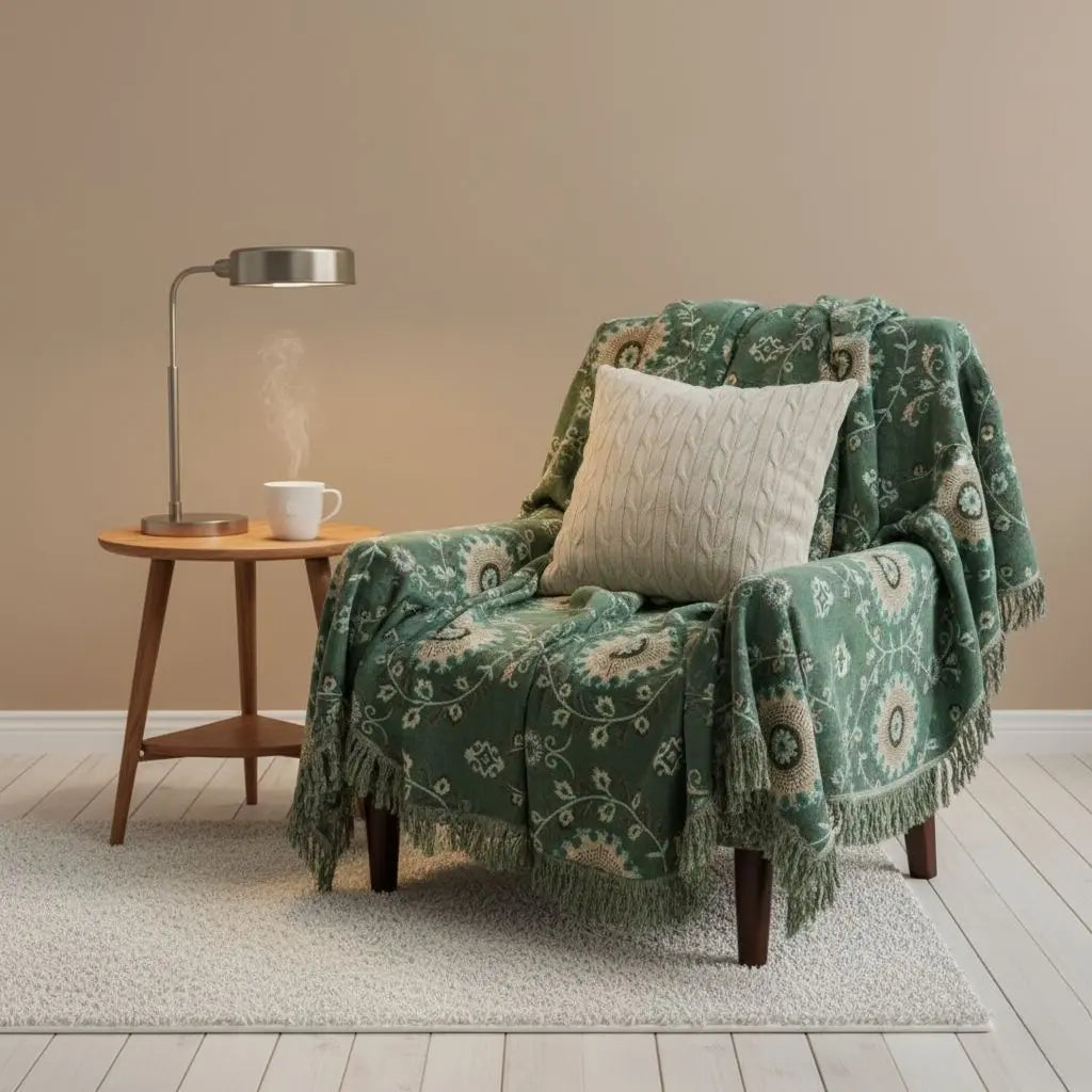 Cotton gauze throw showcasing detailed fish print with soft fringe border