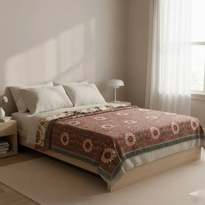 Cotton throw blanket with decorative fringe edge and tasseled border for home styling