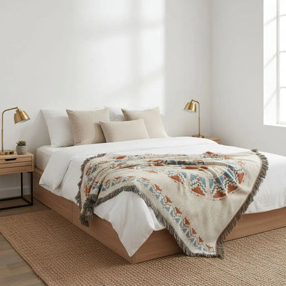 Tarot moon throw with celestial mystical design and woven spiritual texture for bohemian home styling