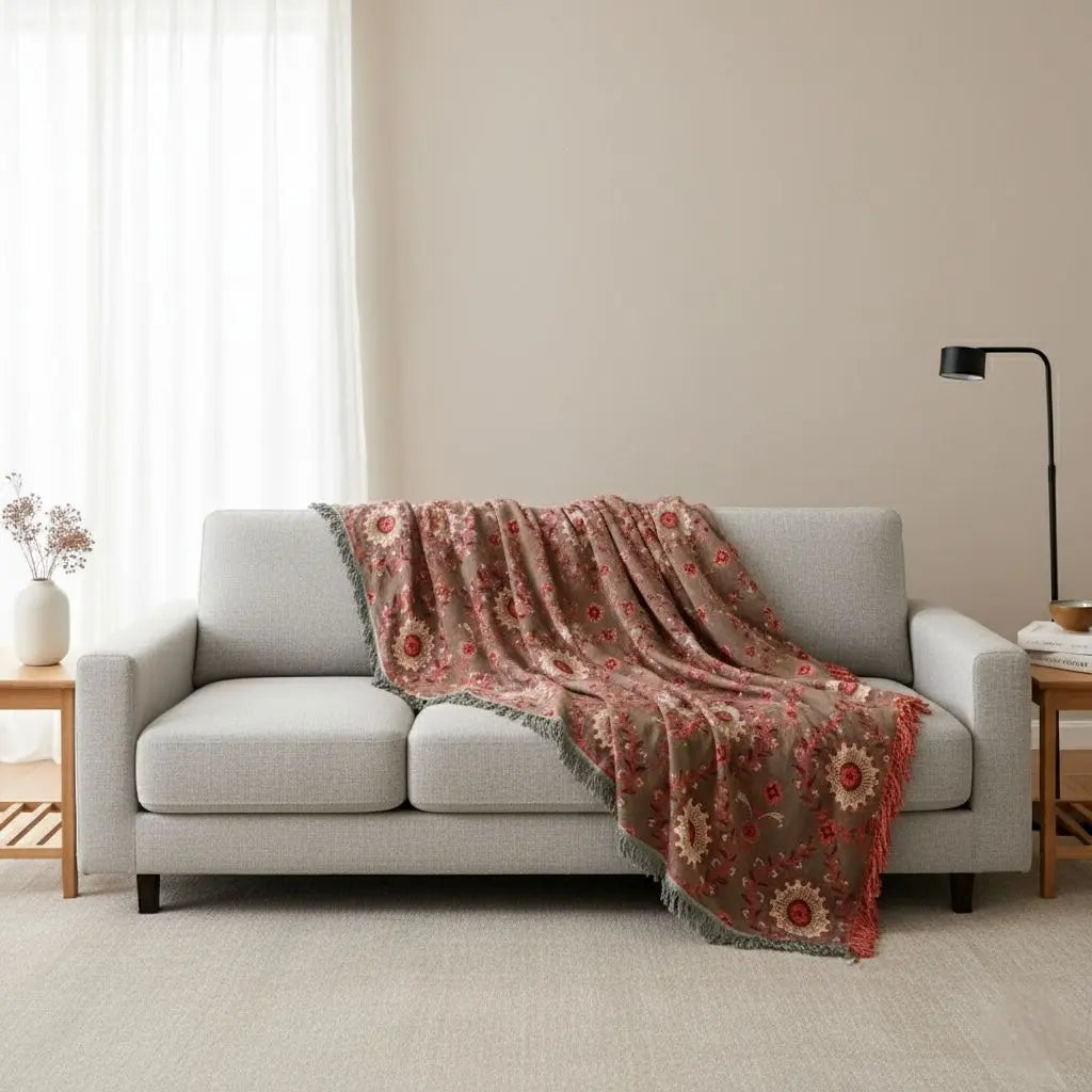 Breathable woven cotton throw blanket with soft textured surface and natural fiber construction