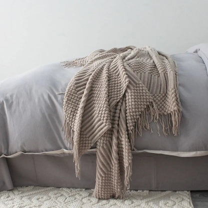 Soft fringe edge blanket perfect for couch lounging and reading comfort