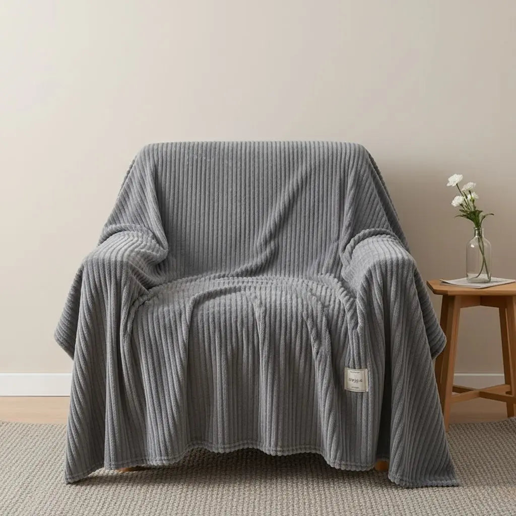Single layer fleece blanket with plain design that complements various interior styling choices