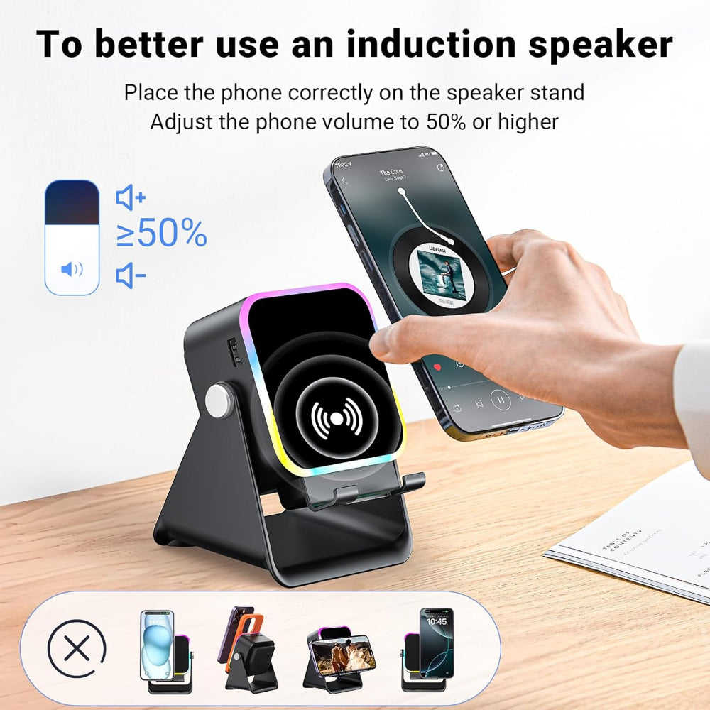 Wireless Charging Phone Stand with Bluetooth Speaker