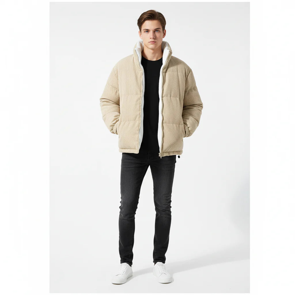 Fuzzy Corduroy Insulated Zip Up Winter Coat
