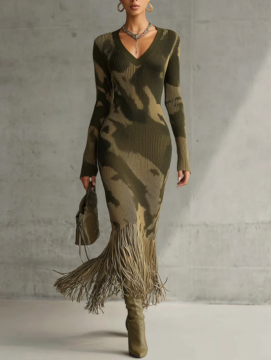 Trendy Women's V-Neck Fringe Midi Dress - Lusomart