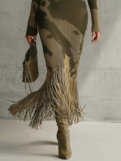 Camo Chic | Women's Dress with V-Neck & Fringe Hem – Stylish Midi Dress for Versatile Everyday Wear 2
