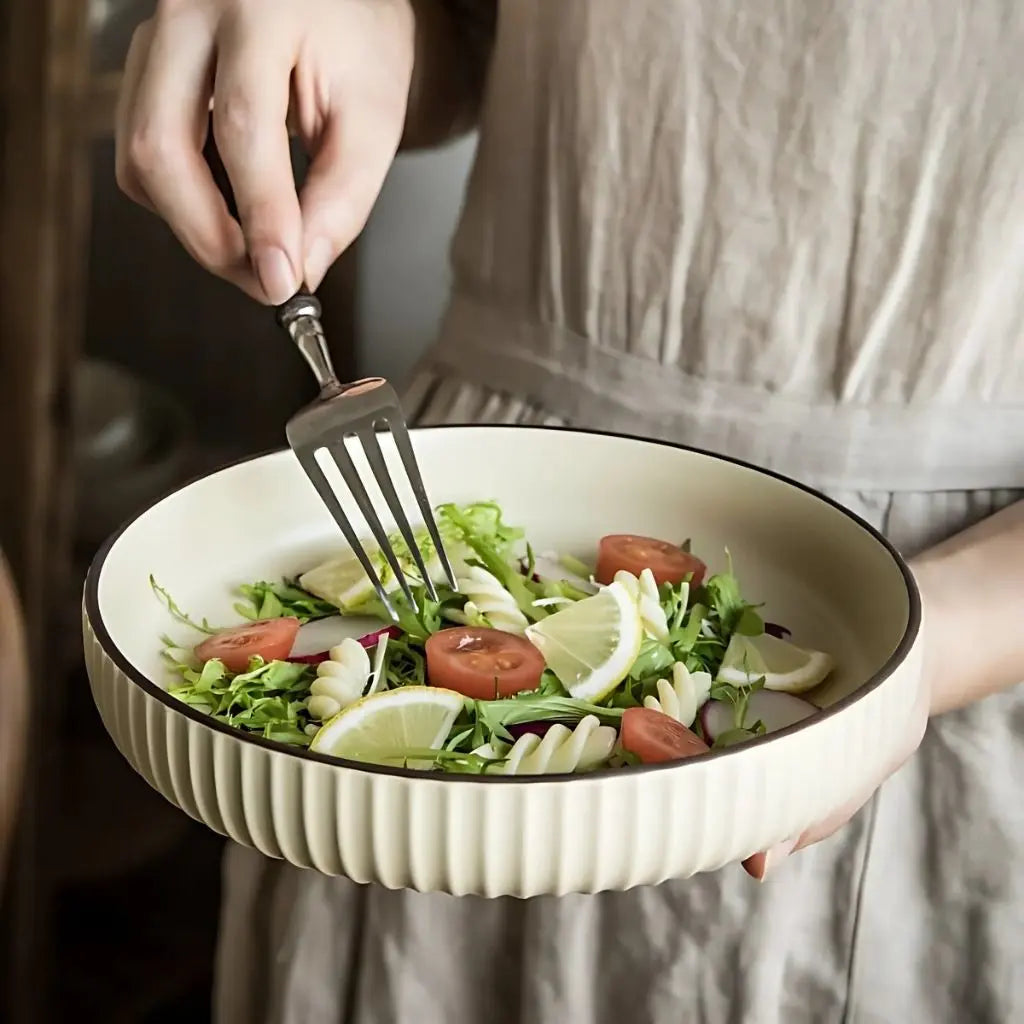 Handcrafted ceramic dinner plate with Nordic vintage design and glazed finish for modern dining