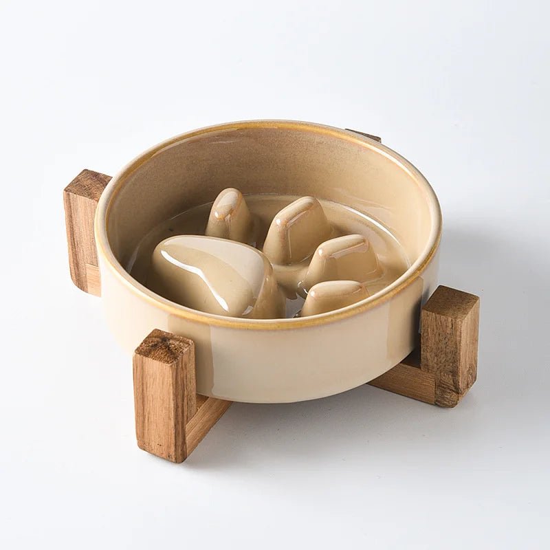 Ceramic Anti-Gobble Pet Bowl with Wooden Stand – Ergonomic Design for Cats and Small Dogs 11