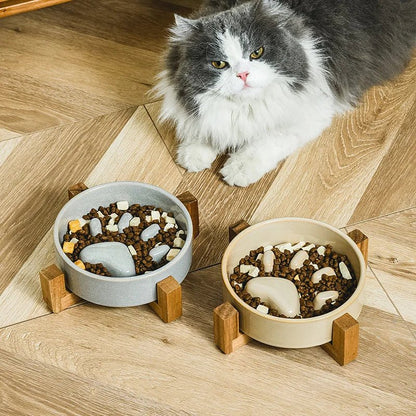 Ceramic Anti-Gobble Pet Bowl with Wooden Stand – Ergonomic Design for Cats and Small Dogs 3