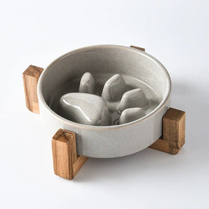 Ceramic Anti-Gobble Pet Bowl with Wooden Stand – Ergonomic Design for Cats and Small Dogs 8